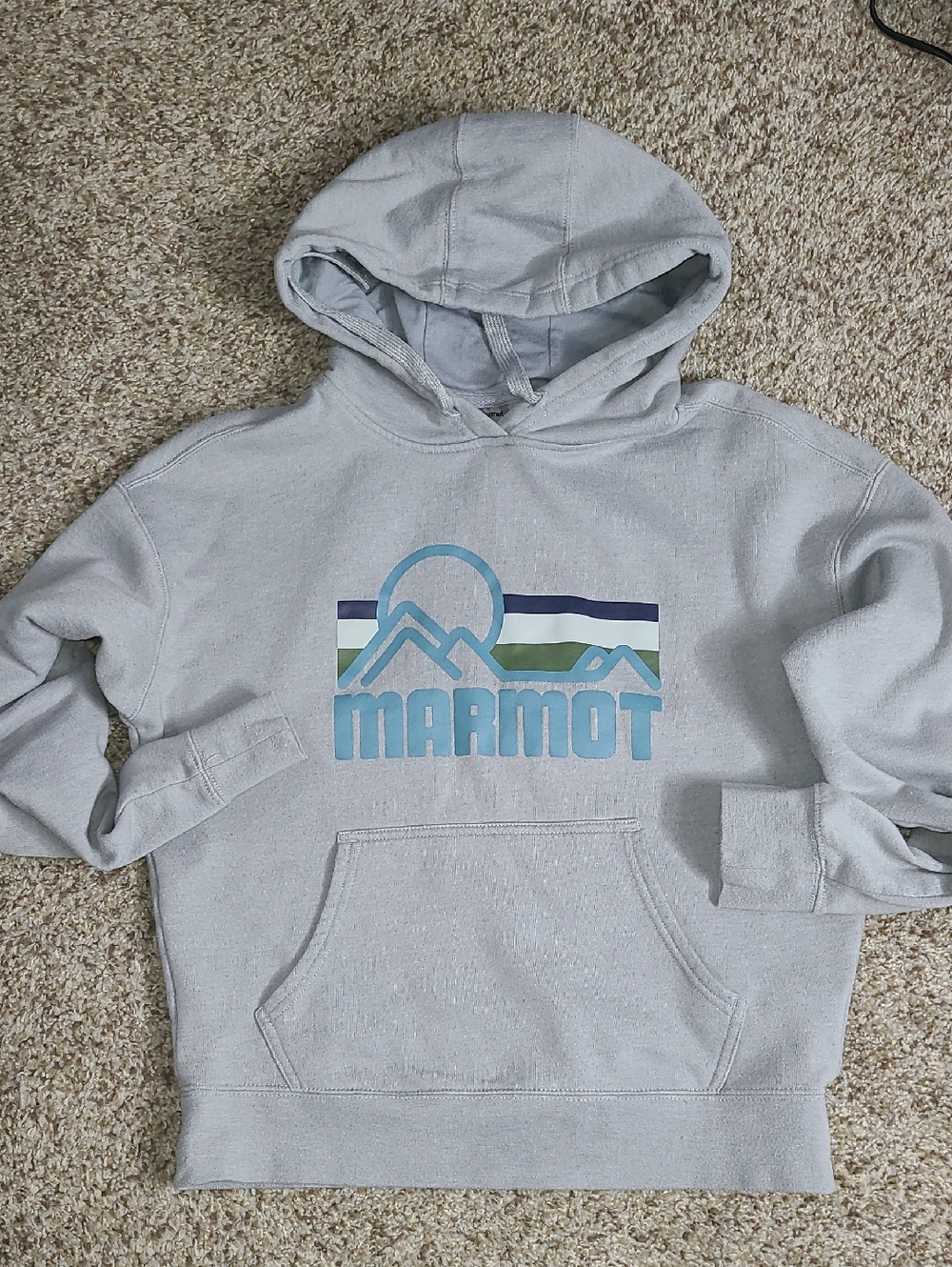 Marmot Light Gray Pullover Hoodie with Blue-Green Mountain Logo
